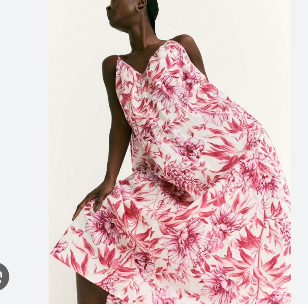 H&M Cotton A-Line Floral Pink White Spaghetti Strap Dress XS maxi long